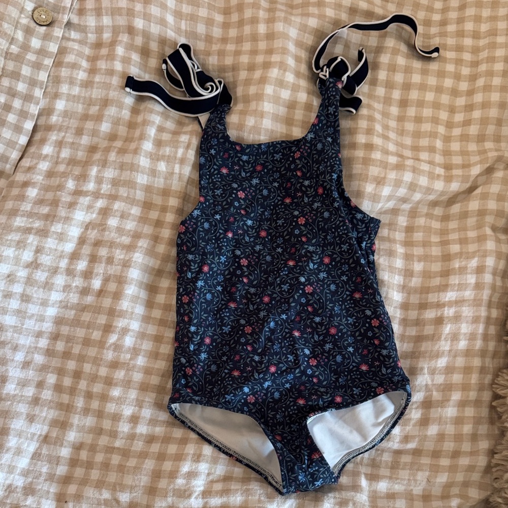 Kids Navy Floral One-Piece Swimsuit with Striped Ties